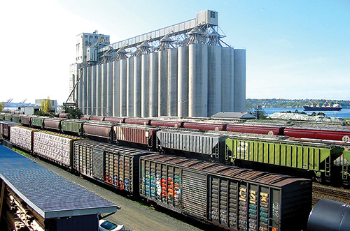 photo of trains in front of grain elevator
