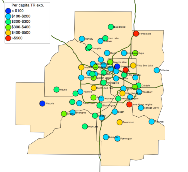 Per capita transportation expenditure of Cities (Pop>10,000) in Twin Cities Metro
