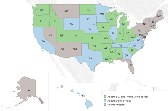 States adopting special registration fees for electric and hybrid vehicles in the US